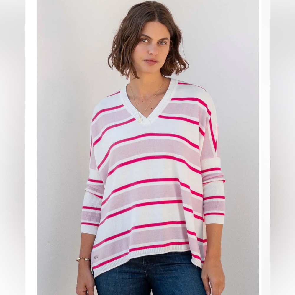 Mersea Catalina V-Neck Sweater pink white stripe OS